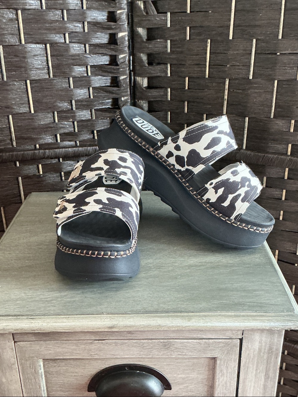Hey Dude cow print sandals size 8